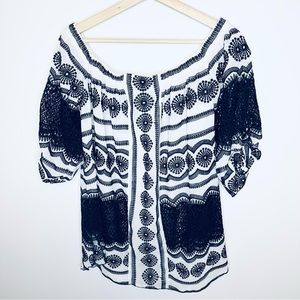 Beautiful navy and white tunic top with embroidery and crochet details medium